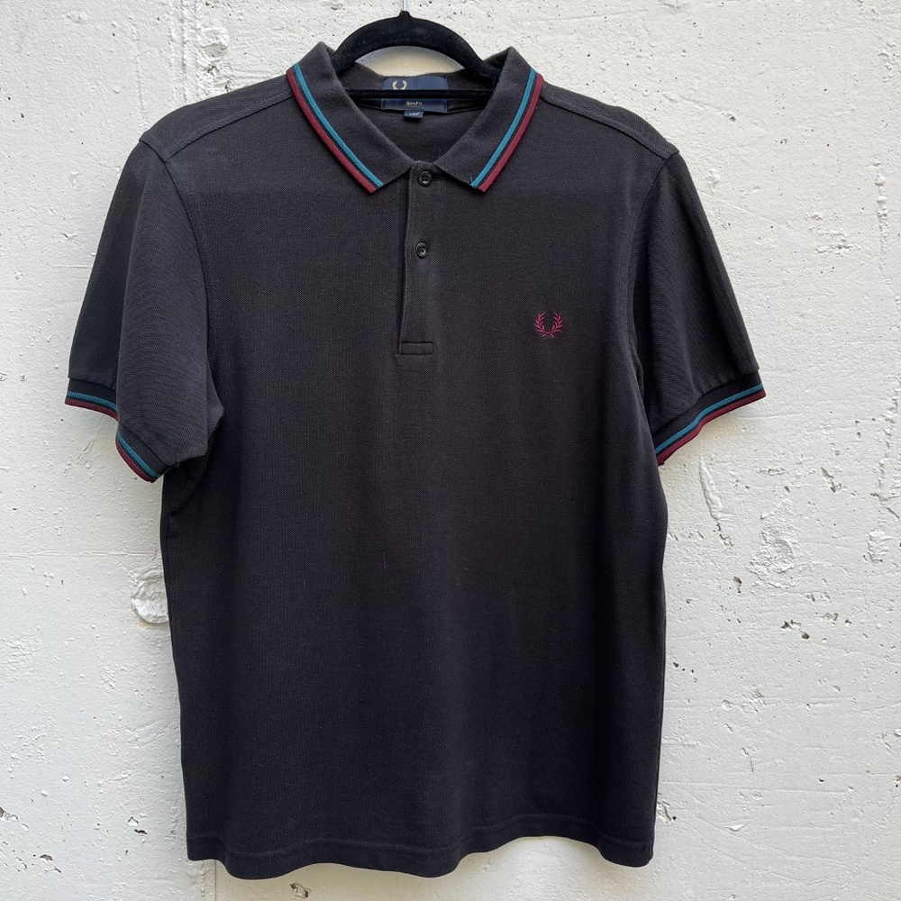 Fred Perry Medium (Slim Fit) Polo - Navy Blue with Teal/Maroon - 19" chest